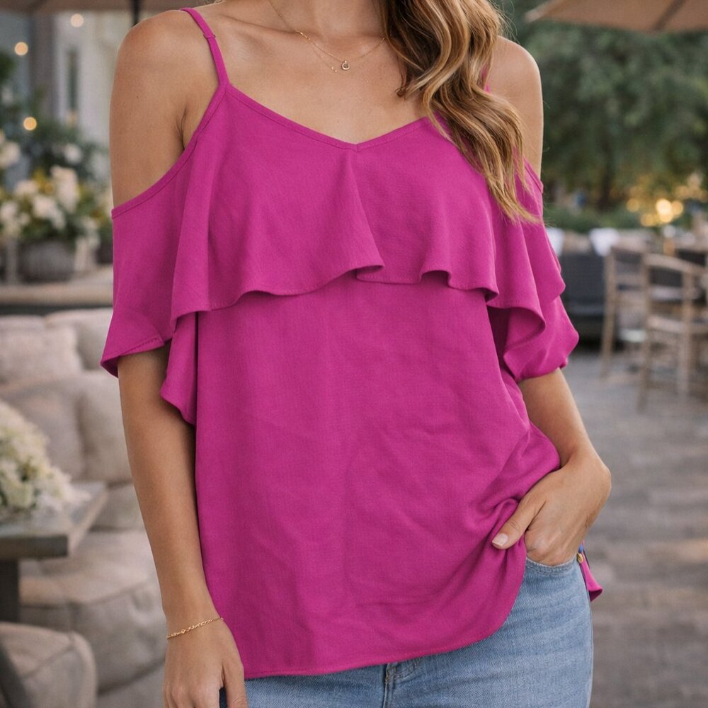 MOA‎ MOA Pink Cold Shoulder Blouse Women S Ruffle Layer Adjustable Straps Top